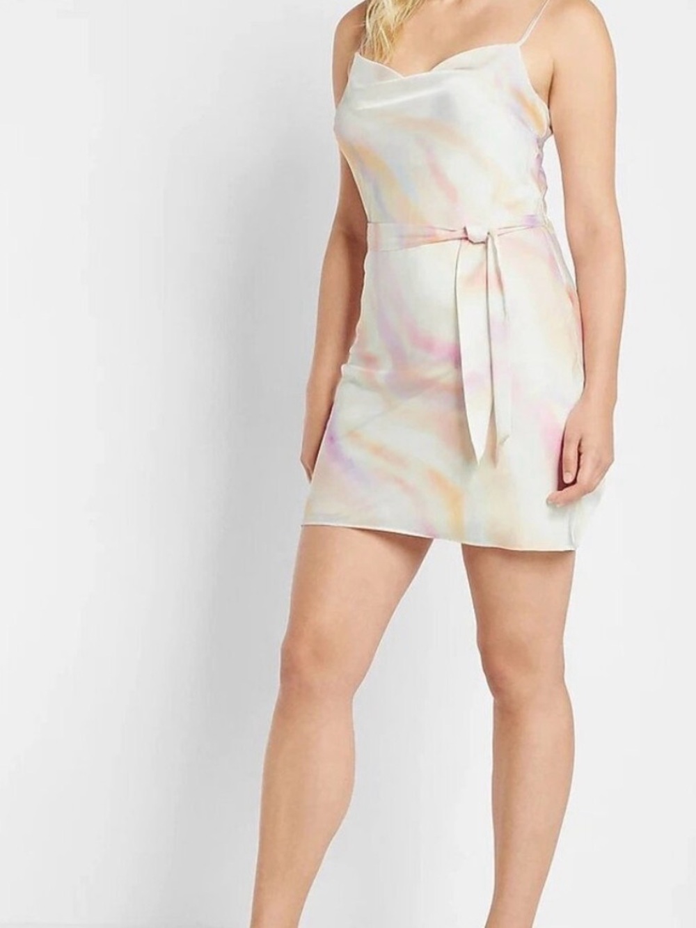 Express Satin Mini Slip Dress with Waist Sash - Pink, Peach & Lavender